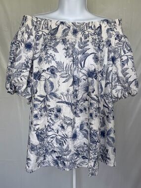 CeCe Blue Ivory Floral Off Shoulder Top Small Puff Sleeve Boho